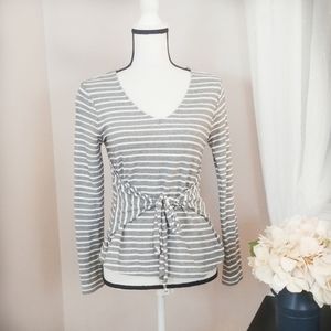 A new day Gray and White Tie Front Long Sleeve Top